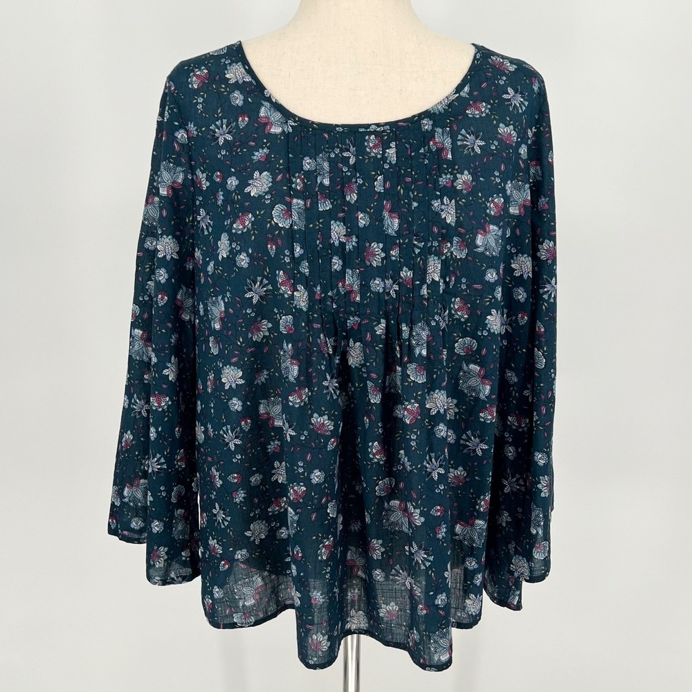 J. Jill Womens Floral Cotton Pintuck Bell Sleeve Top Size M Teal Cottagecore‎